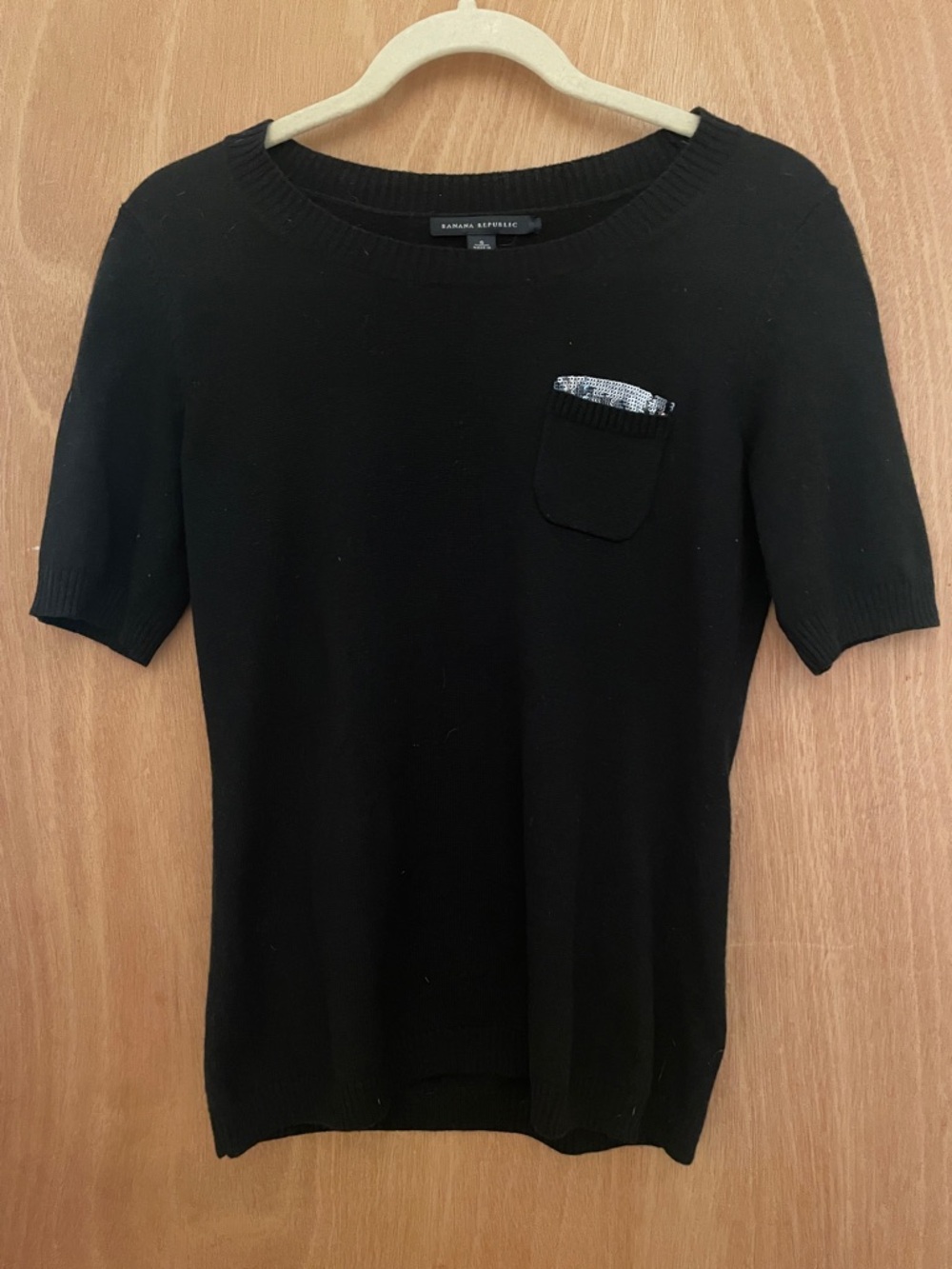 Banana Republic Black Short-Sleeve Knit Top with Sequin-Trim Pocket